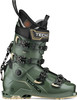 Grüner Tecnica Skischuh mit schwarzen Schnallen und goldenem Logo.