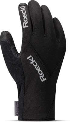 Schwarze Roeckl-Handschuhe mit Logo und Daumentextur. Schwarze Roeckl-Handschuhe mit Logo und Daumentextur.