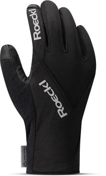 Schwarze Roeckl-Handschuhe mit Logo und Daumentextur.