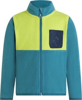 Eine blau-gelbgrüne Fleecejacke mit Reißverschluss und Brusttasche.