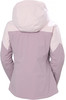 Rückansicht einer Damenjacke in Hellviolett und Beige.