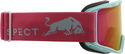 Skibrille mit pinkem Band, Bullenlogo und türkisfarbenem Rahmen. Skibrille mit pinkem Band, Bullenlogo und türkisfarbenem Rahmen.