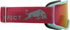 Skibrille mit pinkem Band, Bullenlogo und türkisfarbenem Rahmen.