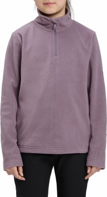 Mädchen im rosa Fleece-Pullover mit Stehkragen und kurzem Reißverschluss.