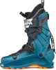 Ein blauer Skischuh mit orangefarbener Sohle und schwarzen Details.