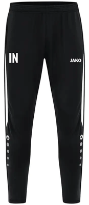 Schwarze Sporthose mit weißem Logo und Streifen an den Seiten.