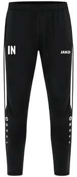 Schwarze Sporthose mit weißem Logo und Streifen an den Seiten.