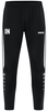 Schwarze Sporthose mit weißem Logo und Streifen an den Seiten.