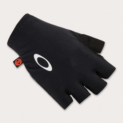 Schwarze fingerlose Handschuhe mit Oakley-Logo und orangefarbenem Etikett.