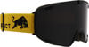 Skibrille mit schwarzem Glas und gelbem Band mit Stier.