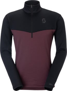 Schwarzes und weinrotes Herren-Langarmshirt mit kurzem Reißverschluss.
