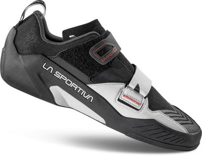 La Sportiva Kletterschuhe mit schwarzem Obermaterial und silbernen Akzenten, Klettverschluss. La Sportiva Kletterschuhe mit schwarzem Obermaterial und silbernen Akzenten, Klettverschluss.