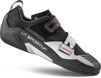 La Sportiva Kletterschuhe mit schwarzem Obermaterial und silbernen Akzenten, Klettverschluss.