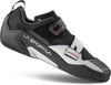 La Sportiva Kletterschuhe mit schwarzem Obermaterial und silbernen Akzenten, Klettverschluss.