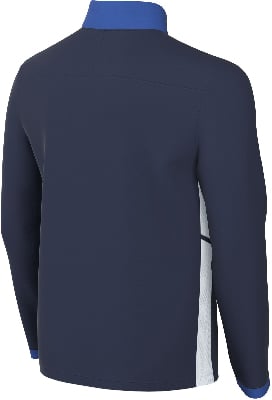 Rückansicht einer dunkelblauen Jacke mit blauem Kragen und weißem Seitenteil. Rückansicht einer dunkelblauen Jacke mit blauem Kragen und weißem Seitenteil.
