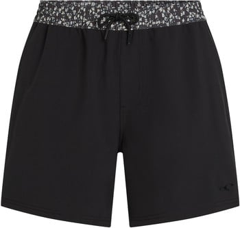 Schwarze Badehose für Herren mit Blumenmuster am Bund und Kordelzug.
