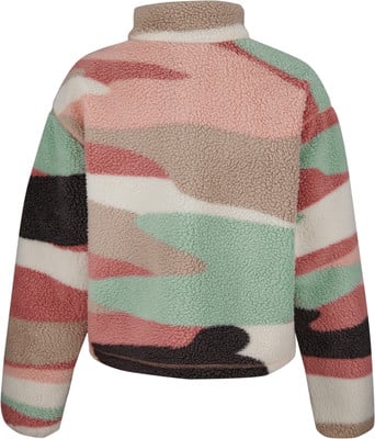 Rückansicht einer Fleecejacke mit buntem Camouflage-Muster. Rückansicht einer Fleecejacke mit buntem Camouflage-Muster.