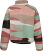 Rückansicht einer Fleecejacke mit buntem Camouflage-Muster.