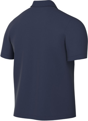 Rückansicht eines dunkelblauen kurzärmeligen Poloshirts. Rückansicht eines dunkelblauen kurzärmeligen Poloshirts.
