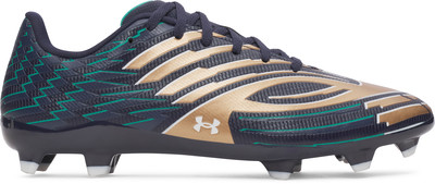 Herren-Fußballschuhe von Under Armour in Dunkelblau mit Gold- und grünen Akzenten. Herren-Fußballschuhe von Under Armour in Dunkelblau mit Gold- und grünen Akzenten.