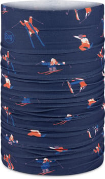 Dunkelblauer Multifunktionsschal mit einem Aufdruck von Skifahrern in Orange und Blau.
