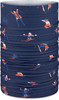 Dunkelblauer Multifunktionsschal mit einem Aufdruck von Skifahrern in Orange und Blau.