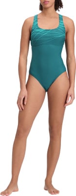 Einteiliger Badeanzug für Damen mit geometrischem Muster im oberen Bereich. Einteiliger Badeanzug für Damen mit geometrischem Muster im oberen Bereich.