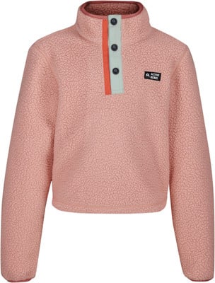 Kurze rosa Sherpa-Jacke mit Druckknopfverschluss und Stehkragen.