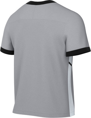 Graues T-Shirt mit schwarzem Kragen und Ärmelbündchen, mit Seitenstreifen.