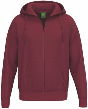 Bordeauxroter Kapuzenpullover mit Reißverschluss und schwarzem Logo.