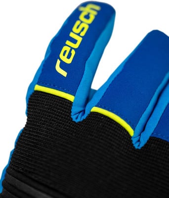 Blauer Handschuh mit Reusch-Logo und gelben Details. Blauer Handschuh mit Reusch-Logo und gelben Details.