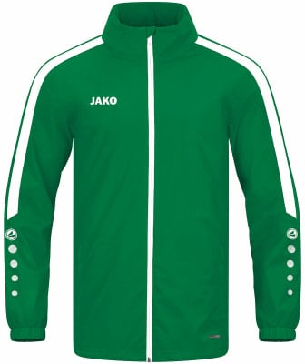 Grüne JAKO Jacke mit weißen Streifen an den Ärmeln und Logo. Grüne JAKO Jacke mit weißen Streifen an den Ärmeln und Logo.