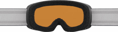 Skibrille mit orangefarbener Linse und schwarzem Rahmen. Skibrille mit orangefarbener Linse und schwarzem Rahmen.