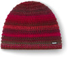 Gestrickte Mütze mit Streifenmuster in Rot- und Brauntönen.