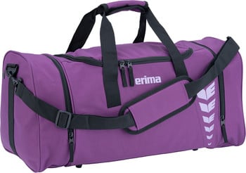 Lila Sporttasche mit schwarzen Trägern und Erima-Logo.