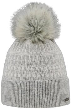 Graue Strickmütze mit Kunstpelz-Bommel und Muster.