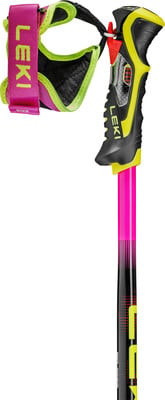 Ein pinker und gelber Skistock mit schwarzem Griff und Schlaufe. Ein pinker und gelber Skistock mit schwarzem Griff und Schlaufe.
