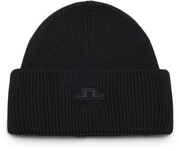 Schwarze Strickmütze mit Logo auf der Vorderseite.