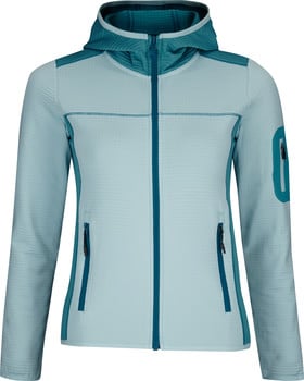 Hellblaue Damen-Fleecejacke mit durchgehendem Reißverschluss, Kapuze und dunkelblauen Akzenten.