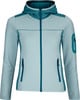 Hellblaue Damen-Fleecejacke mit durchgehendem Reißverschluss, Kapuze und dunkelblauen Akzenten.