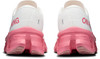 Rückansicht von weißen Laufschuhen mit pinker Sohle und Schriftzug.