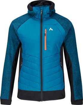 Blaue Daunenjacke mit Kapuze, orangefarbenem Reißverschluss und Logo.