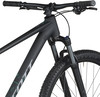 Schwarzes Mountainbike mit Federung und Scott-Logo auf dem Rahmen.