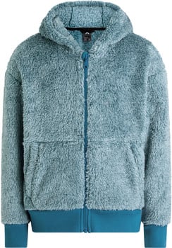 Blaue Plüschjacke mit Kapuze und Reißverschluss.