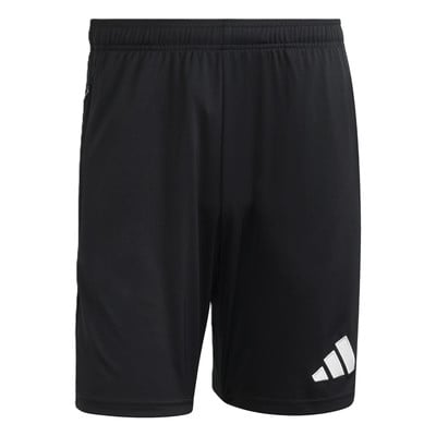 Schwarze Adidas Shorts mit Logo auf dem Oberschenkel.