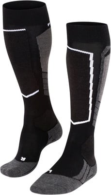 Schwarze hohe Skisocken mit grauen und weißen Details. Schwarze hohe Skisocken mit grauen und weißen Details.