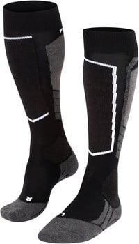 Schwarze hohe Skisocken mit grauen und weißen Details.