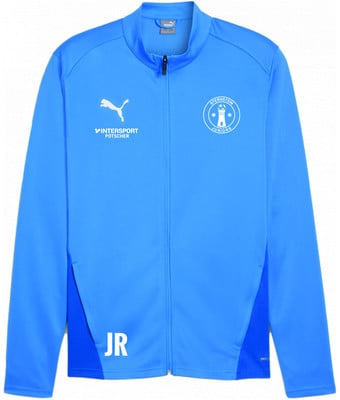 Blaue Jacke mit Puma-Logo, Intersport und dem Sternstein Juniors Vereinswappen.