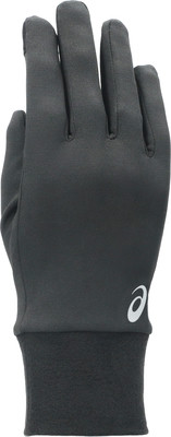 Schwarze Handschuhe mit weißem Asics-Logo am Handgelenk.