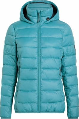 Blaue Daunenjacke mit Stehkragen und Kapuze, Reißverschluss.